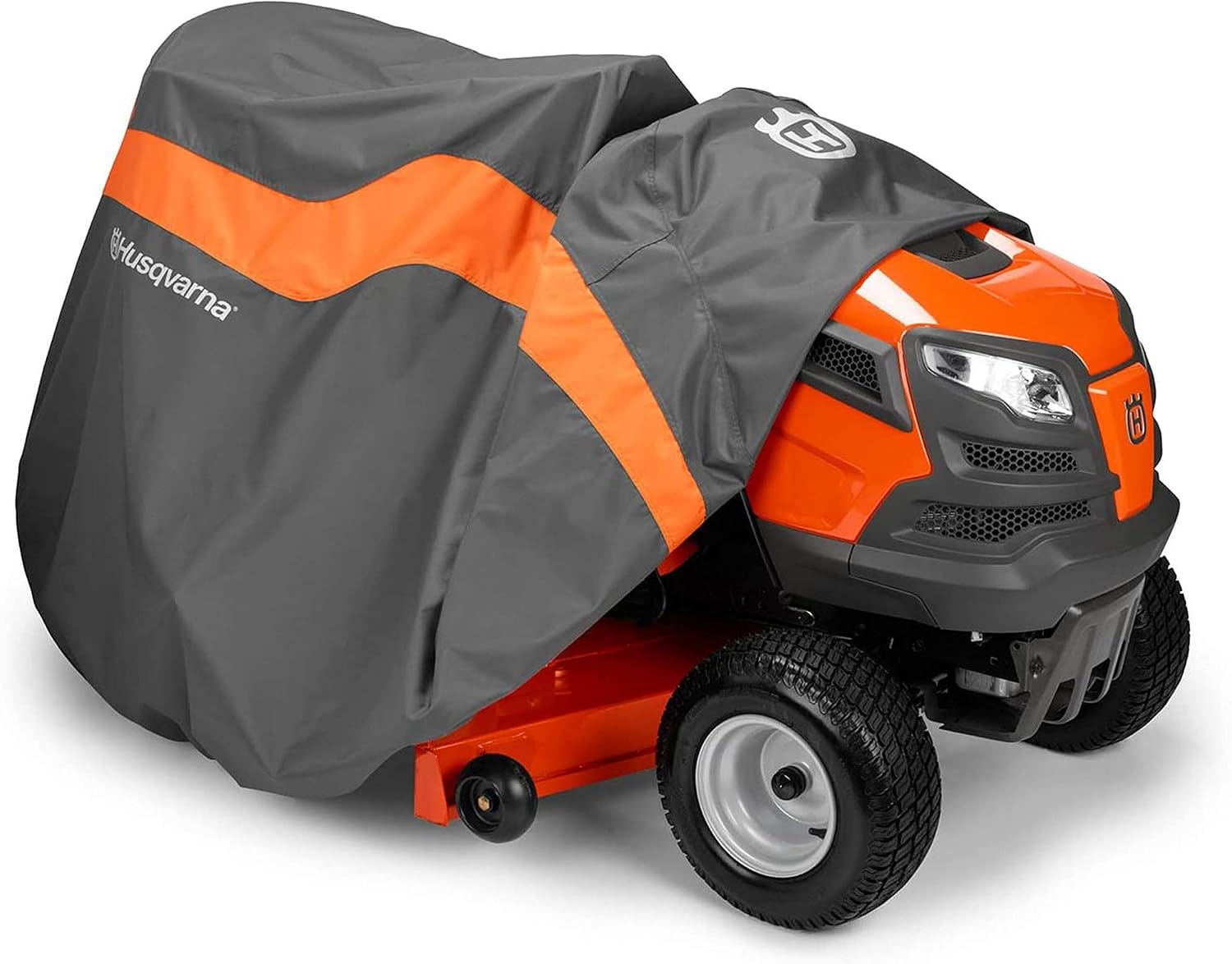 Husqvarna 54-Inch Full-Size Lawn Tractor Cover For Models: YT48CS, GT54CS, YT42LS, YT46LS, YT42DXLS, YT48DXLS, GT52XLS, GT52XLSi, GT54LS, Water-Resistant Riding Lawn Mower Accessories, Orange/Gray