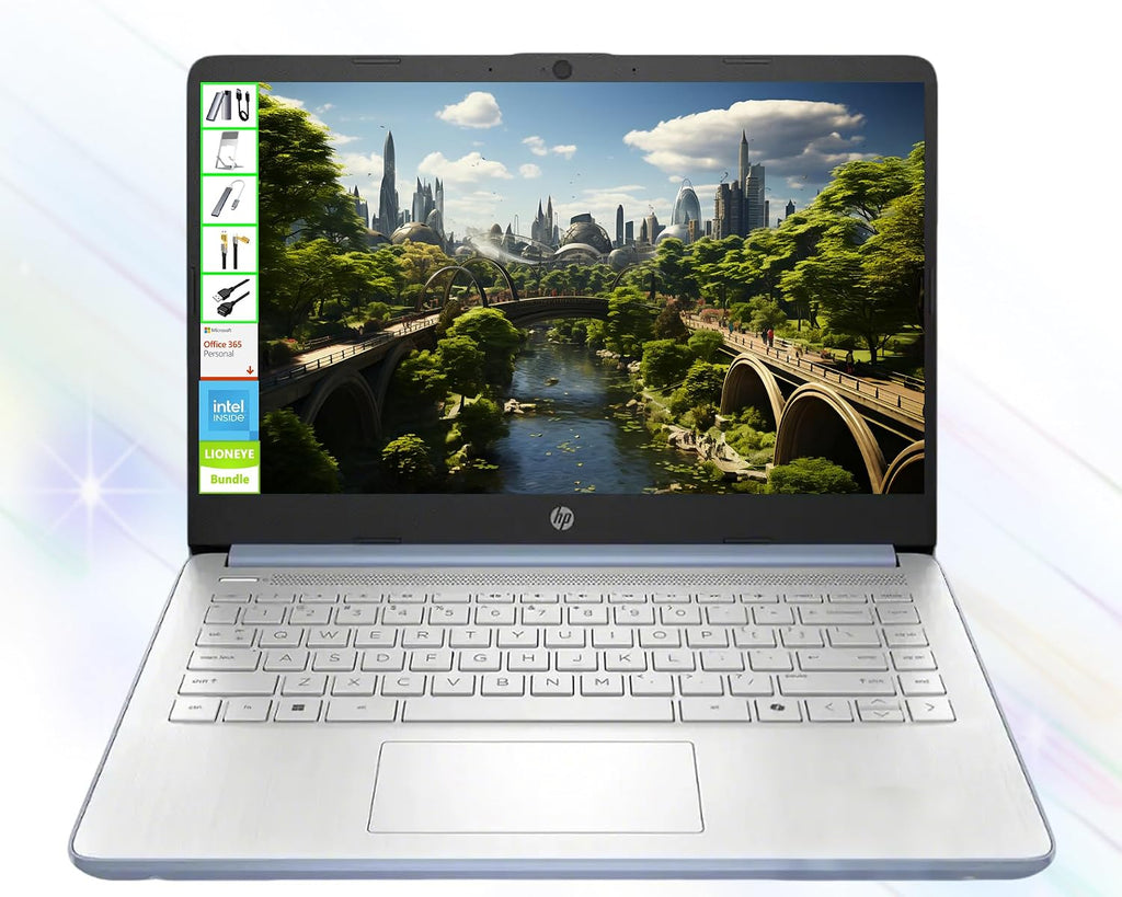 HP Laptop with Microsoft Office and 1TB Cloud Storage (1-Year) | 14 inch HD Computer | 8GB RAM | 128GB UFS & 128GB Portable SSD | Intel 4-Core CPU | Webcam | USB-C | AI-Powered Windows 11 | LE Bundle