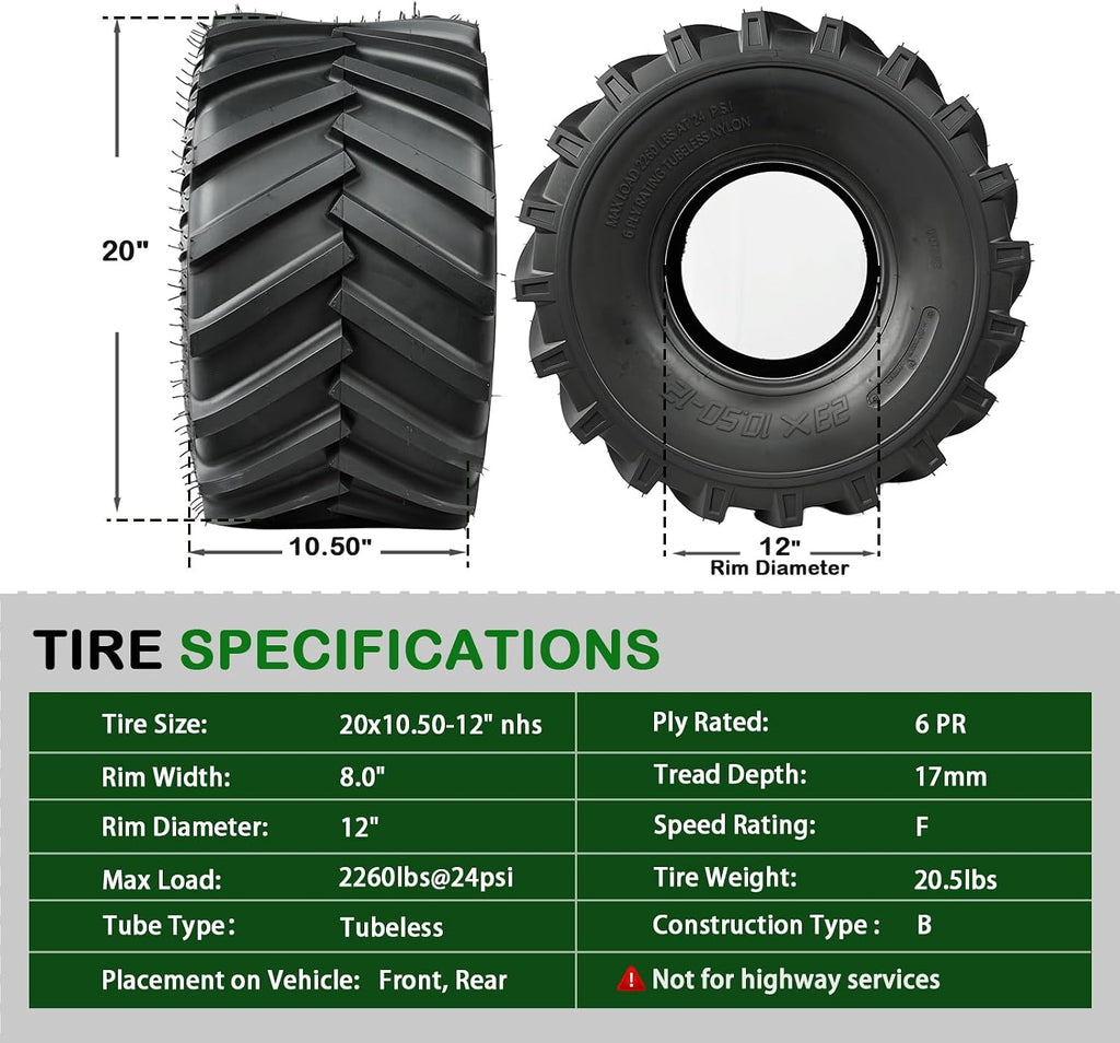 TRIPOWER 23x10.50-12 Lawn Tractor Tires - 23x10.50-12 Lug Ag Tires for Garden Farm Riding Mower Lawn Mower Tire - Working on Hill/Slope/Mud, Durable 6PR Tubeless, 2260 lbs Capacity, Set of 2