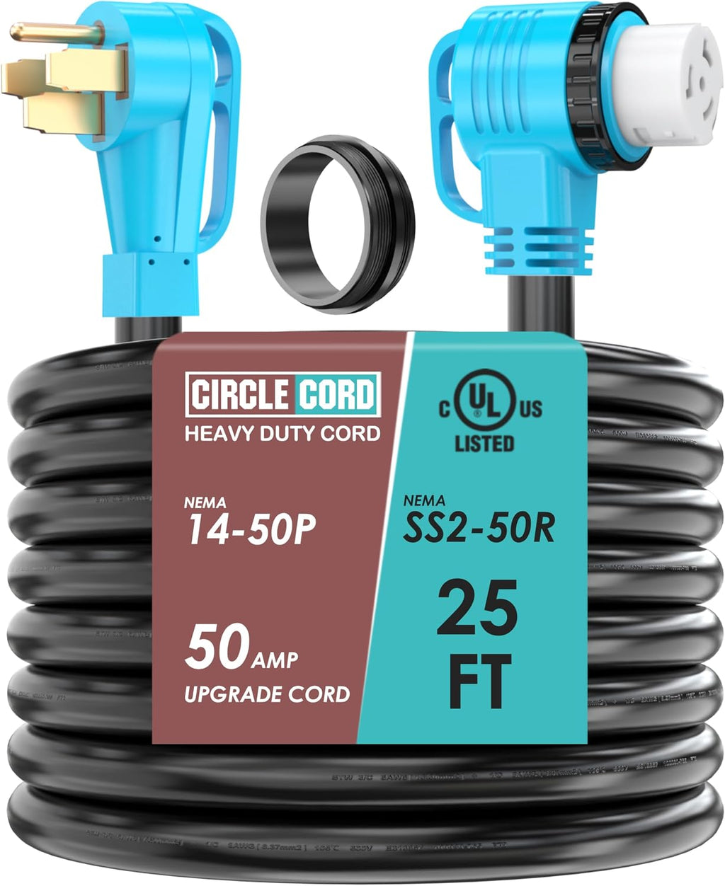 CircleCord UL Listed 50 Amp 25 Feet RV/Generator Cord with 90° Right Angle Locking Connector, Heavy Duty 6/3+8/1 Gauge STW Wire, 14-50P to SS2-50R for RV Camper Trailer and Generator to House