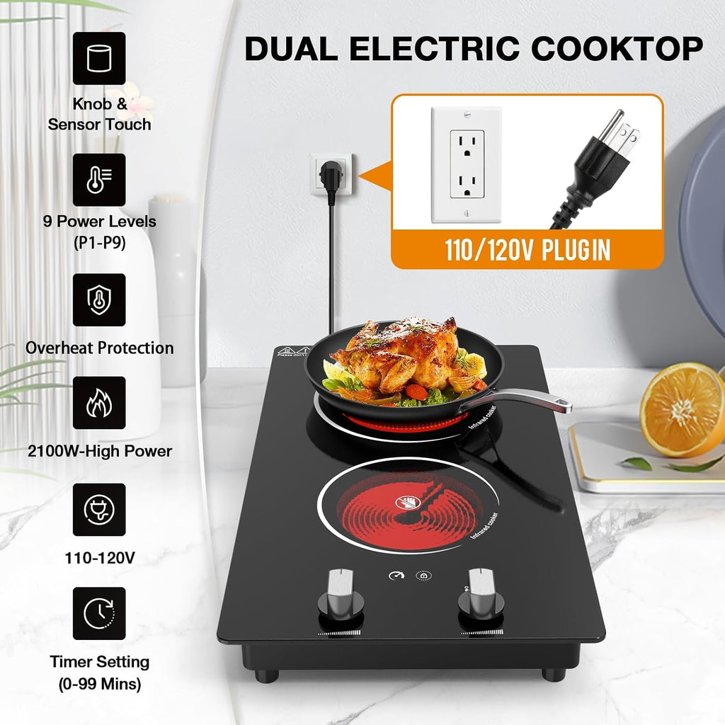 2 Burner Electric Cooktop - 12' Infrared Electric Stove Top with Knob Control, Countertop & Built-in, 2100W Ceramic Electric Hot Plate with 9 Power Levels, Child Lock, Timer, Residual Heat Warning