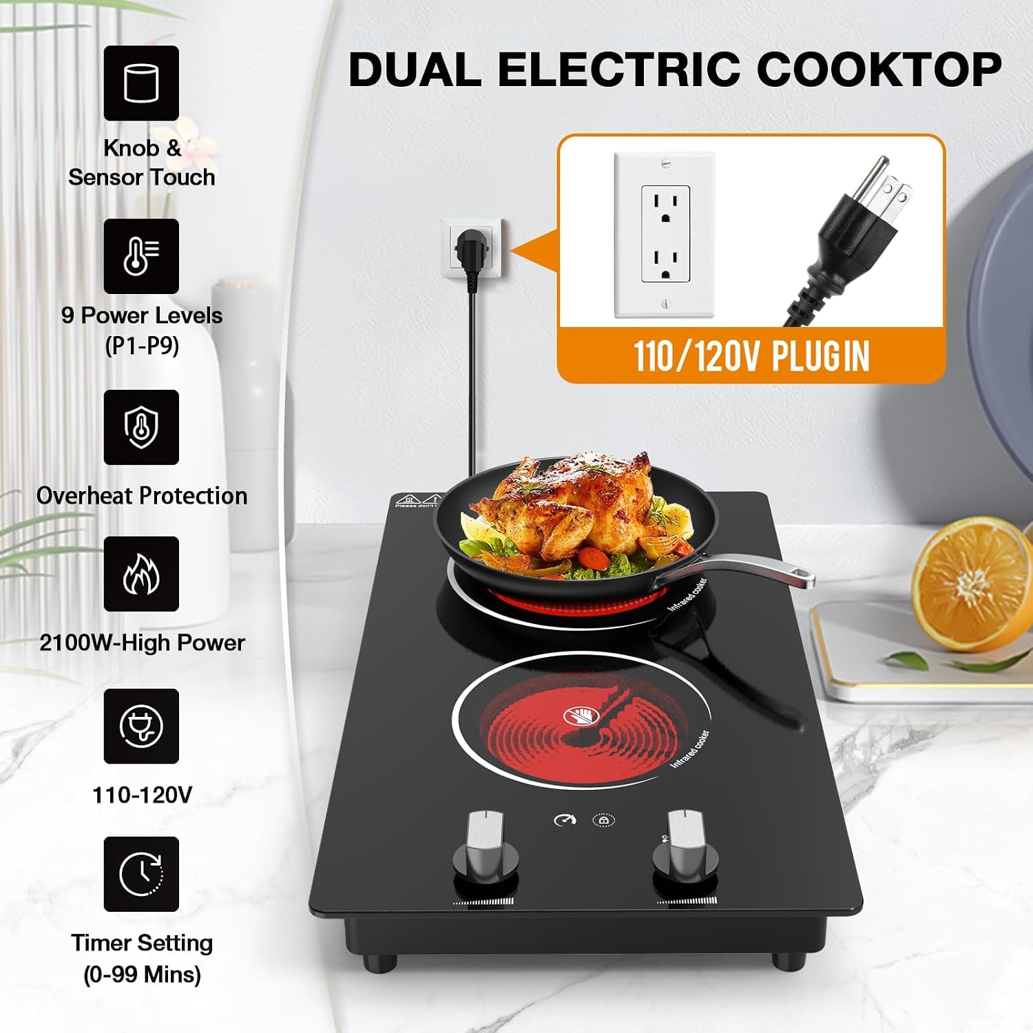 2 Burner Electric Cooktop - 12' Infrared Electric Stove Top with Knob Control, Countertop & Built-in, 2100W Ceramic Electric Hot Plate with 9 Power Levels, Child Lock, Timer, Residual Heat Warning