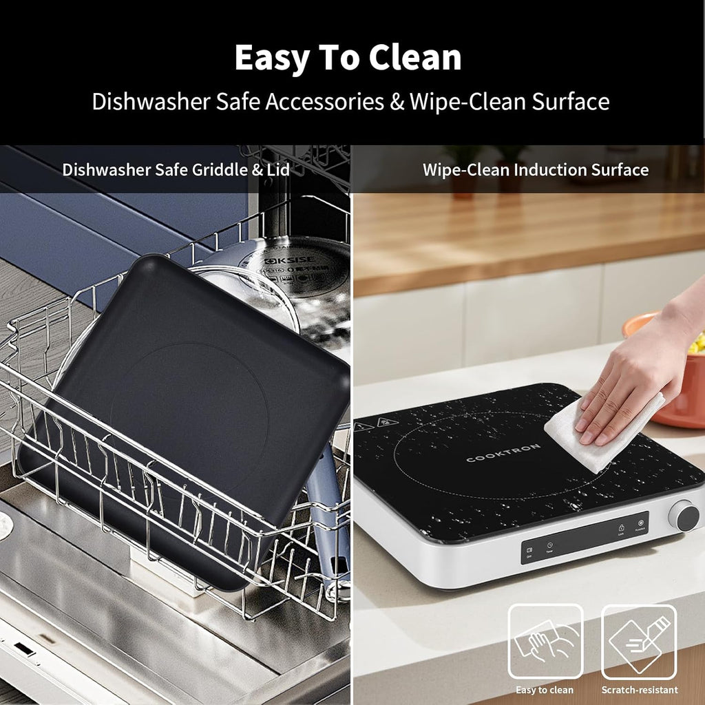 Cooktron 2-in-1 Induction Cooktop with Grill Pan – Portable 1 Burner Induction Hot Plate 1800W, Removable Griddle, 10 Power & 5 Temp Levels, Touch & Knob Control for Kitchen or RV Camping