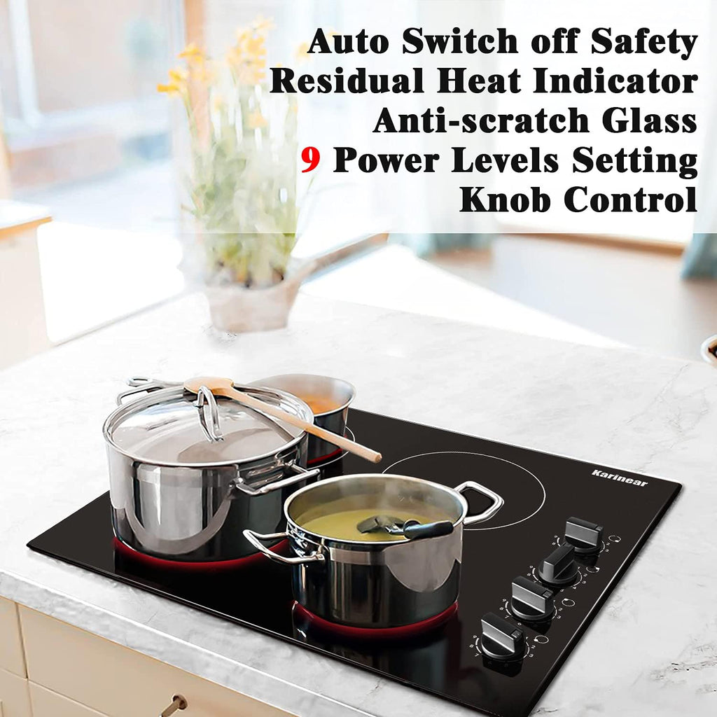 Karinear 4 Burner Electric Cooktop 24 Inch, Built-in Stove Top, 220-240v Radiant Cooktop with Knob Control, Residual Heat Indicator, Over-Temperature Protection, Hard Wire(No Plug)