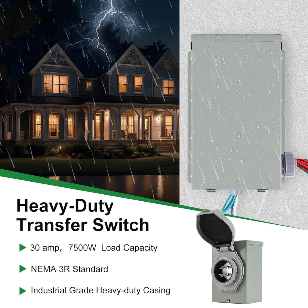30 Amp Generator Transfer Switch Kit,10-Circuits, 7500W, Indoor&Outdoor, NEMA 3R, Include 10 Foot Cord and 30 Amps Inlet Box, Easy to Install,5 Years Warrnaty
