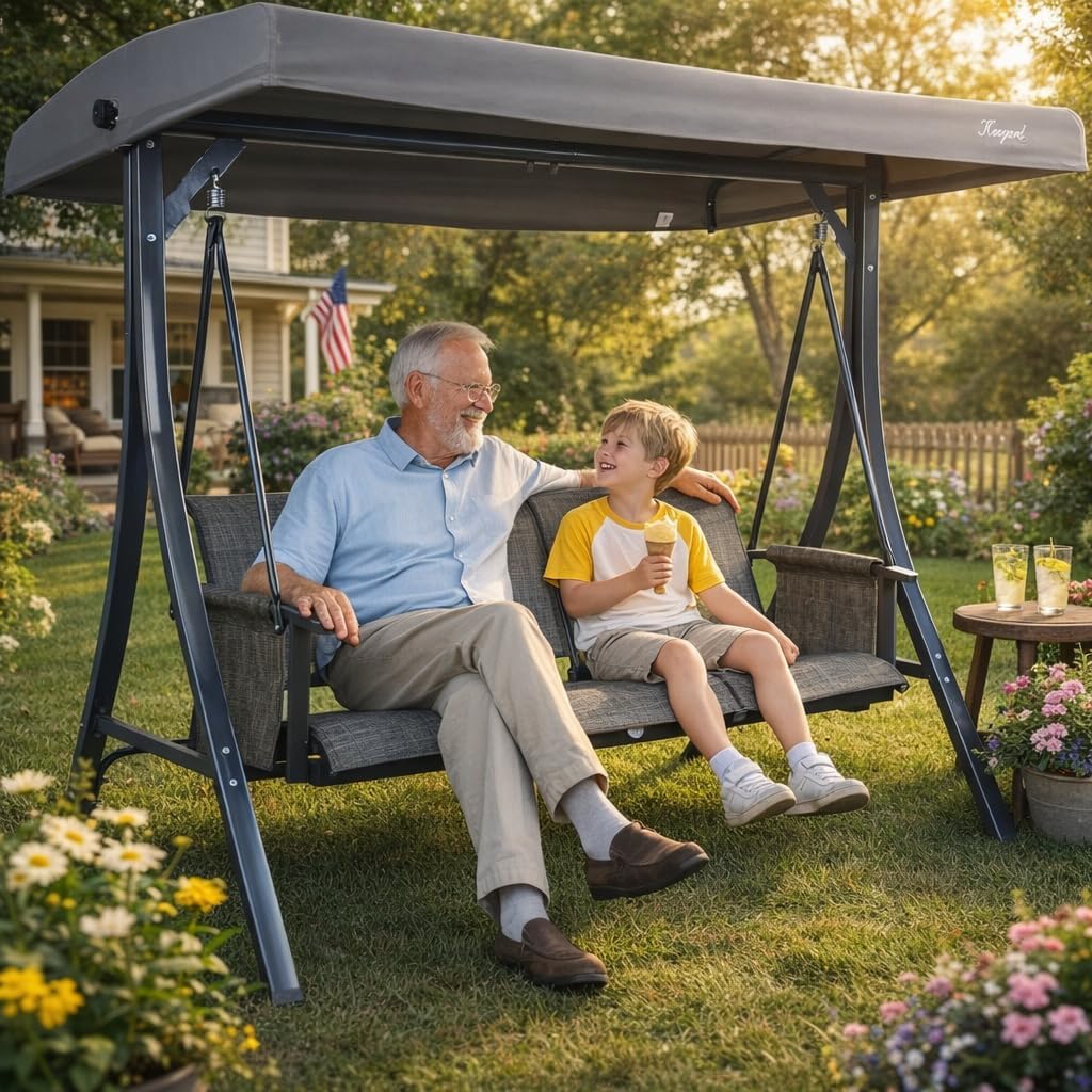 Kozyard Brenda 3-Seat Outdoor Porch Swing Glider, Patio Swing with Adjustable Canopy, Steel Frame, Breathable Textilene Seat & Back, Side Pockets (Gray)