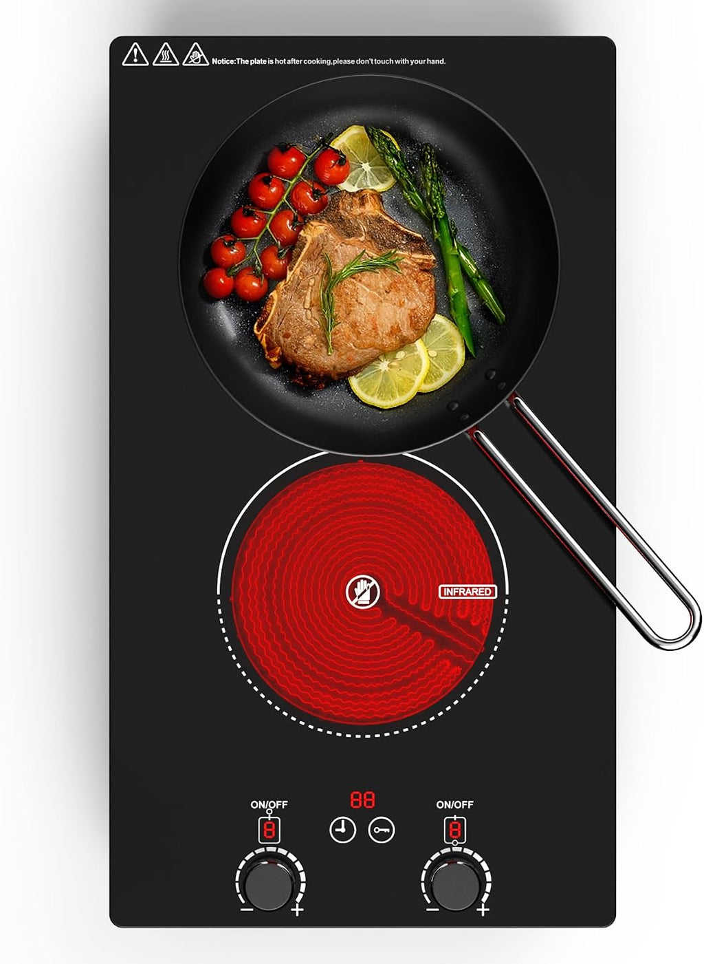 Electric Cooktop, 2 Burner Ceramic Cooktop 2400W 110V, Built-in or Countertop with Touch and Knob Control, 10 Power Levels, Child Lock, Timer, Hot Surface Indicator, Overheat Protection
