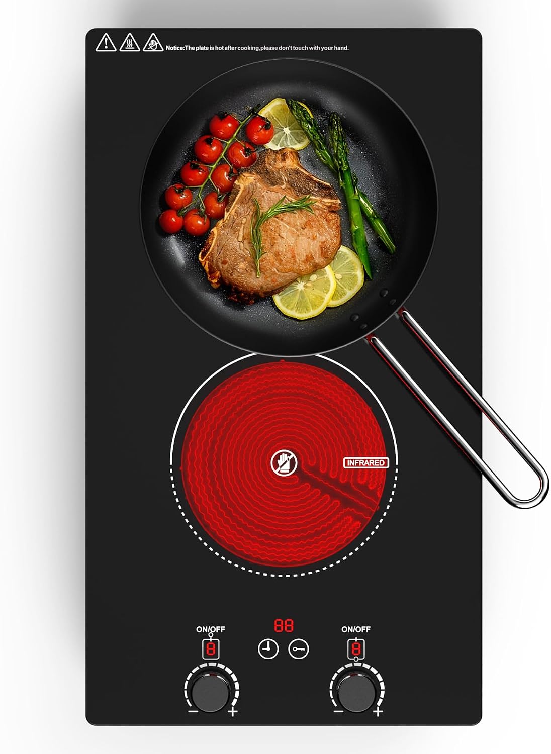 Electric Cooktop, 2 Burner Ceramic Cooktop 2400W 110V, Built-in or Countertop with Touch and Knob Control, 10 Power Levels, Child Lock, Timer, Hot Surface Indicator, Overheat Protection