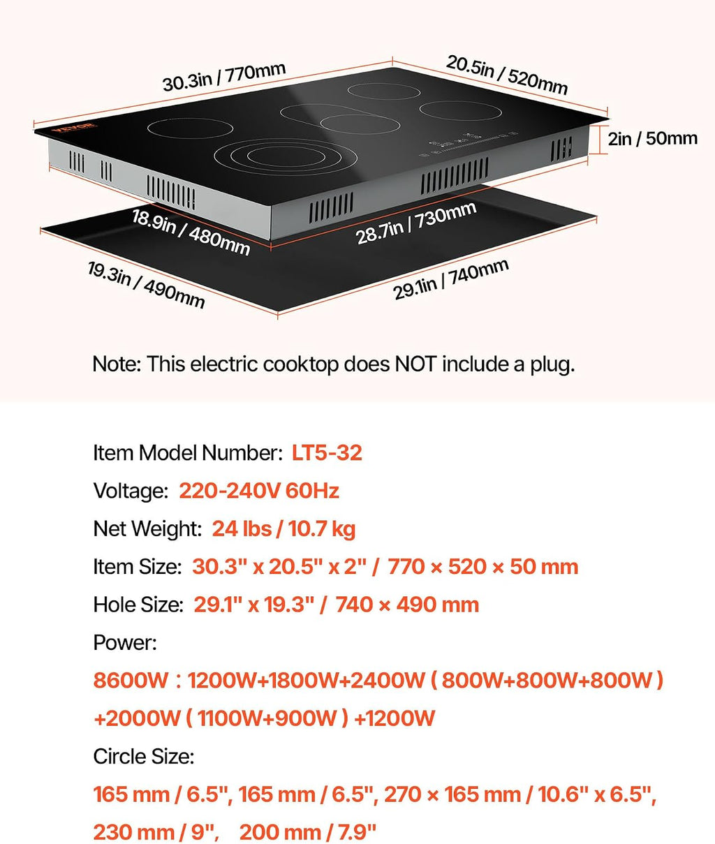 VEVOR Built in Electric Stove Top, 30 inch 5 Burners Ceramic Cooktop, 240V Glass Radiant Cooktop with Sensor Touch Control, Timer & Child Lock Included, 9 Power Levels for Simmer Steam Slow Cook Fry