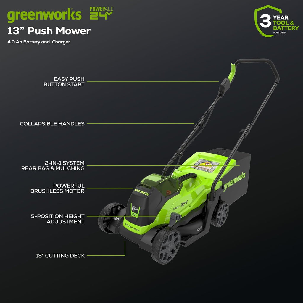 Greenworks 24V 13' Brushless Cordless Lawn Mower with 4.0Ah Battery & Charger,Maintenance-Free Push Mower with 2-in-1 Mulch/Bag