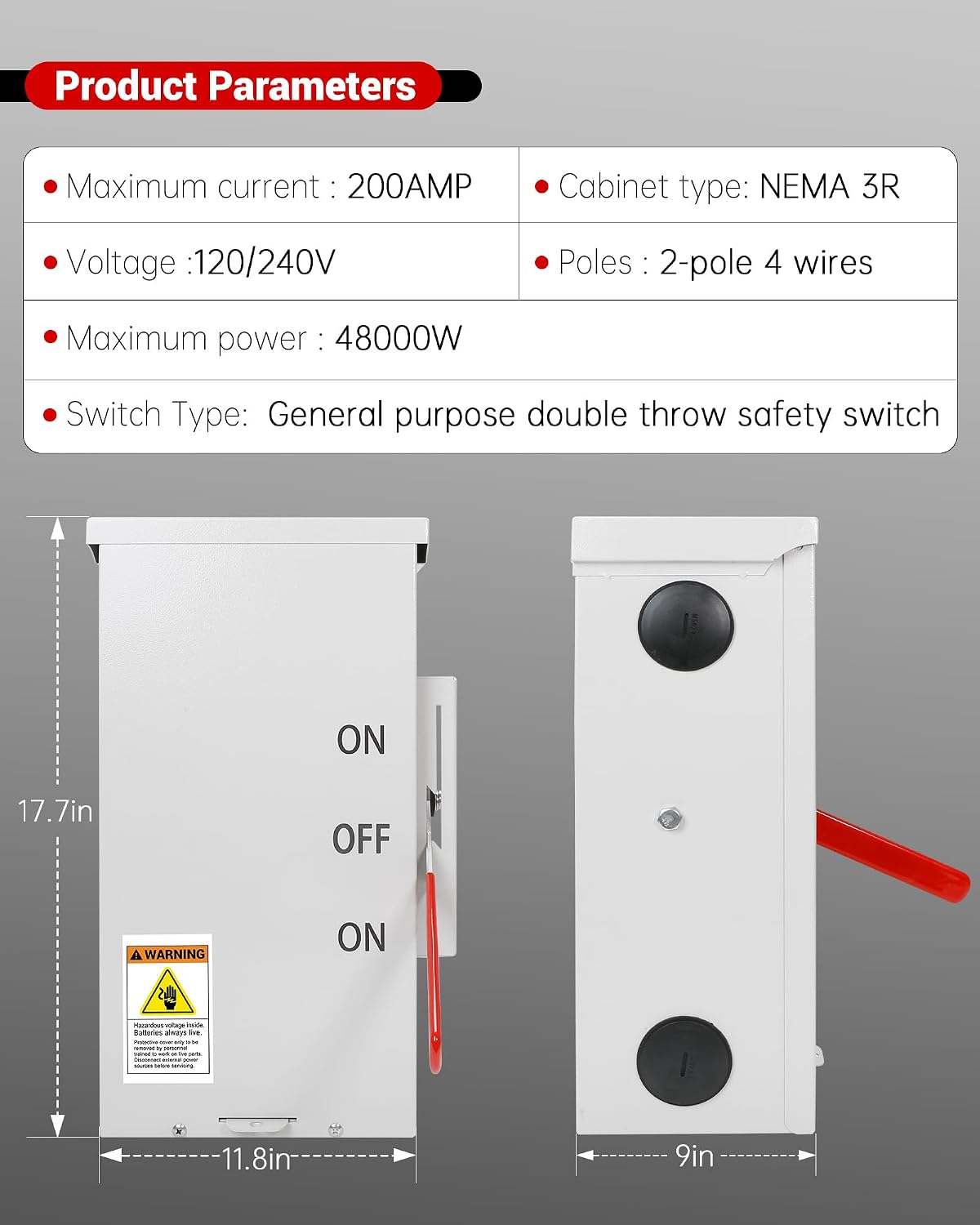 200 Amp Transfer Switch, 48000W General-Duty Double-Throw Safety Switch, 2P 120/240-Volt, Meeting NEMA 3R Standards for Outdoor and Indoor