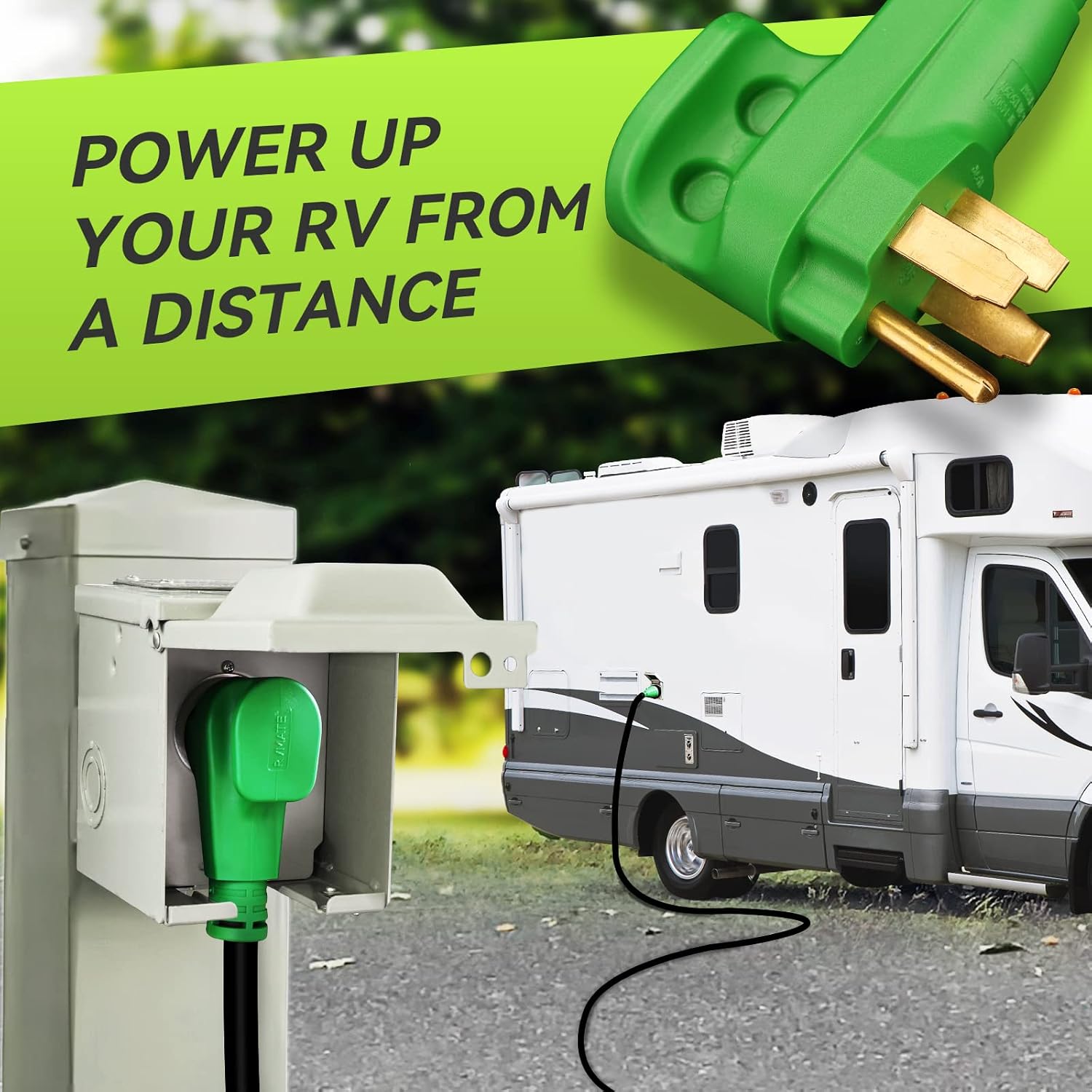 RVMATE 50 Amp 50 Feet RV Lockable Power Extension Cord, Easy Plug in Handle, 14-50P to SS 2-50R with LED Indicator, ETL Listed