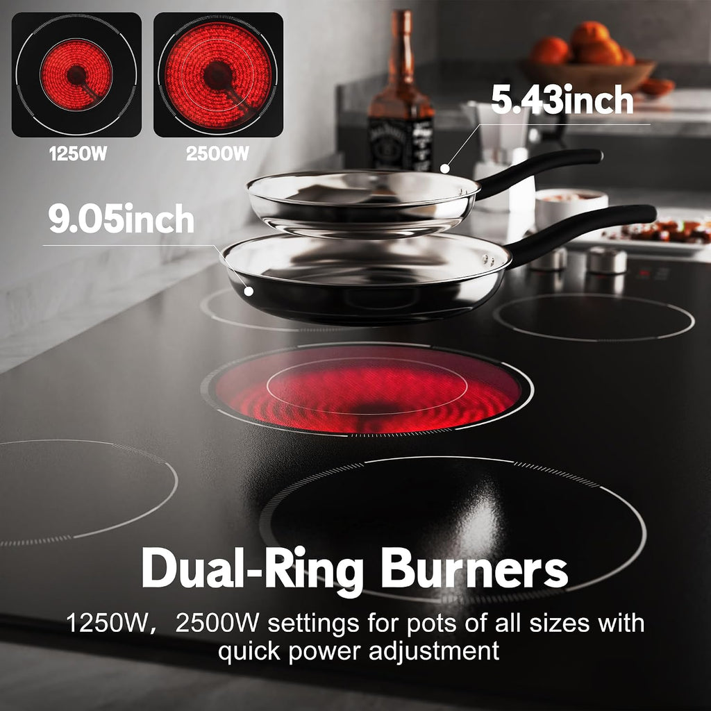 36 Inch Electric Cooktop 5 burner Karienvir, 8900W Built-in Electric Stove Top, Cooktop 36' with Double-ring Burner, Knob & Touch Control, 9 Power Levels, Timer, Safety Lock, 220V-240V Hard Wire