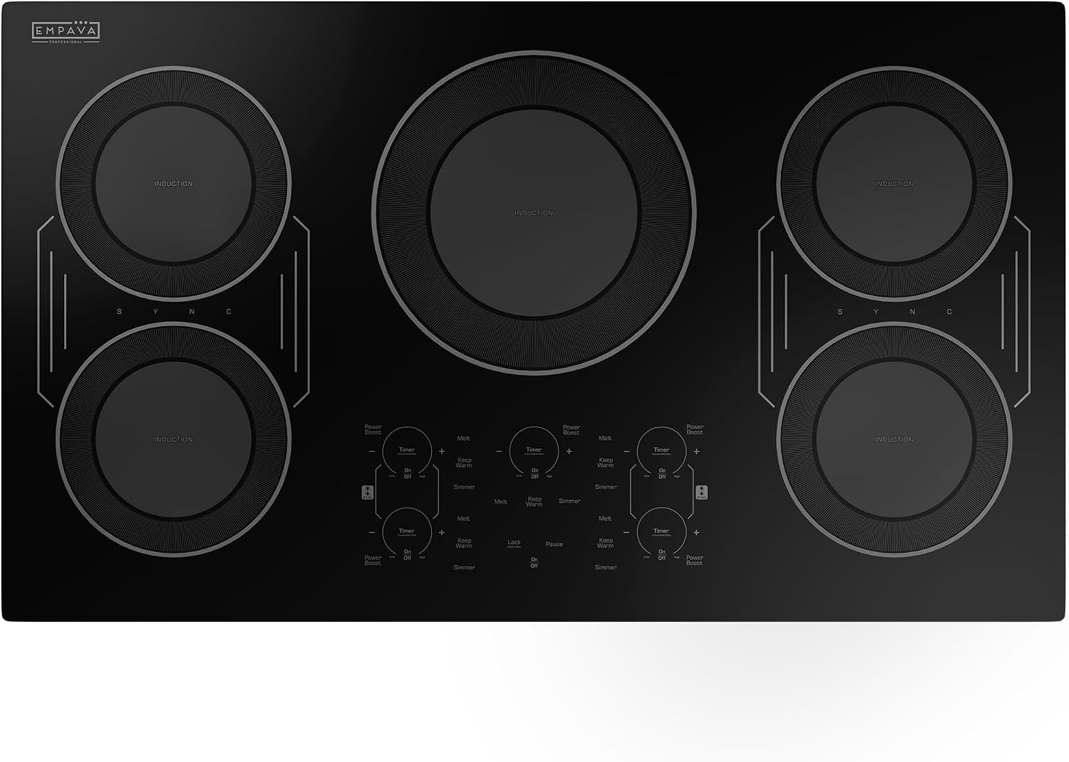 Empava Built-In Electric Induction Cooktop 36 Inch, Bridge-SYNC Element, Auto RapidHeat, 3 Preset Modes, Pan Sensor, Hardwired 208~240V, 50A, Black Vitro Ceramic Glass