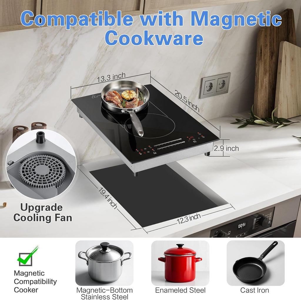 12 Inch Induction Cooktop 2 Burners, 120V 1800W Electric Stove with Bridge Function & 9 Power Levels, Built-in/Countertop Induction Burner for Kitchen, RV, Outdoor Camping
