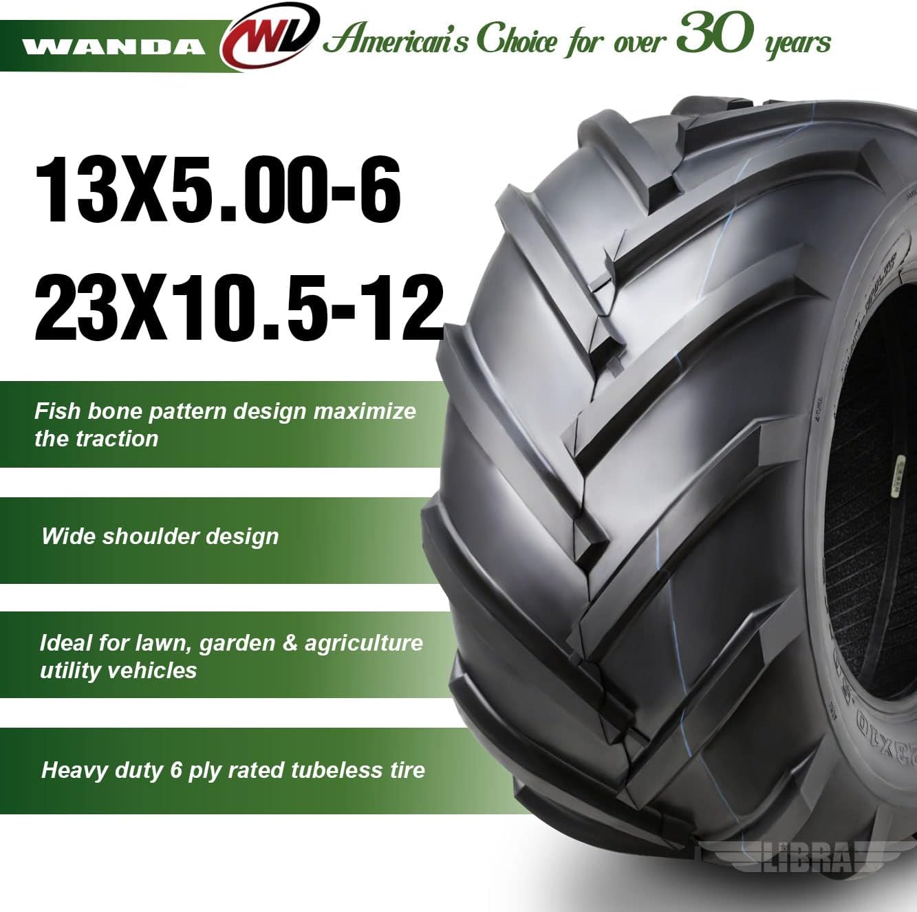 WANDA Set 4 13X5-6 & 23X10.5-12 Lawn Mower Agriculture Farm Tractor Cart Turf Tires 13077-13075