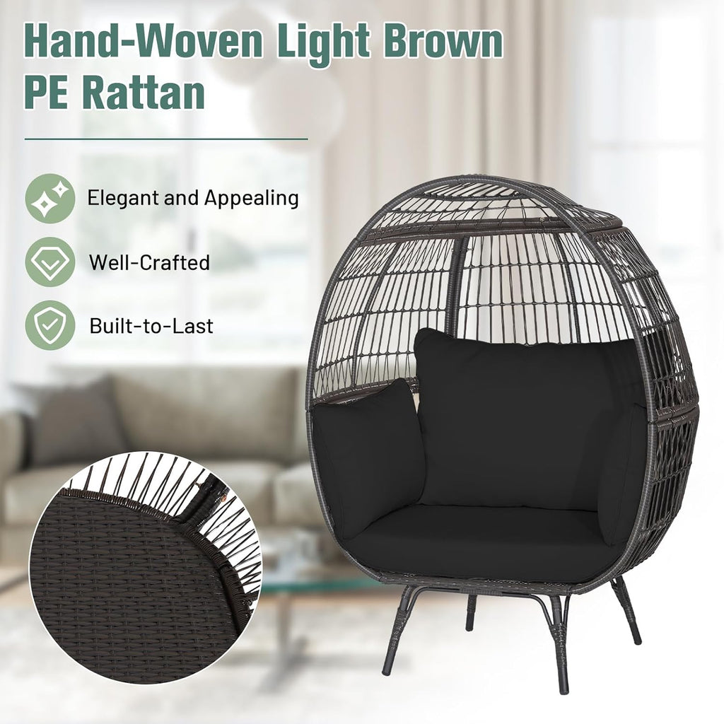 Tangkula PE Wicker Egg Chair, Patiojoy Oversized Indoor Outdoor Patio Lounge Chair with Cushions and Pillows, Steel Frame Basket Chair for Garden, Deck, Balcony, Living Room (Black)