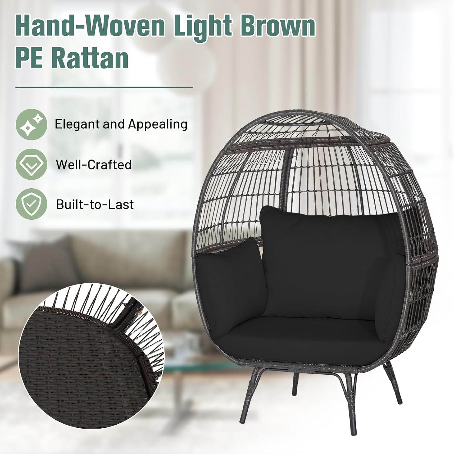 Tangkula PE Wicker Egg Chair, Patiojoy Oversized Indoor Outdoor Patio Lounge Chair with Cushions and Pillows, Steel Frame Basket Chair for Garden, Deck, Balcony, Living Room (Black)