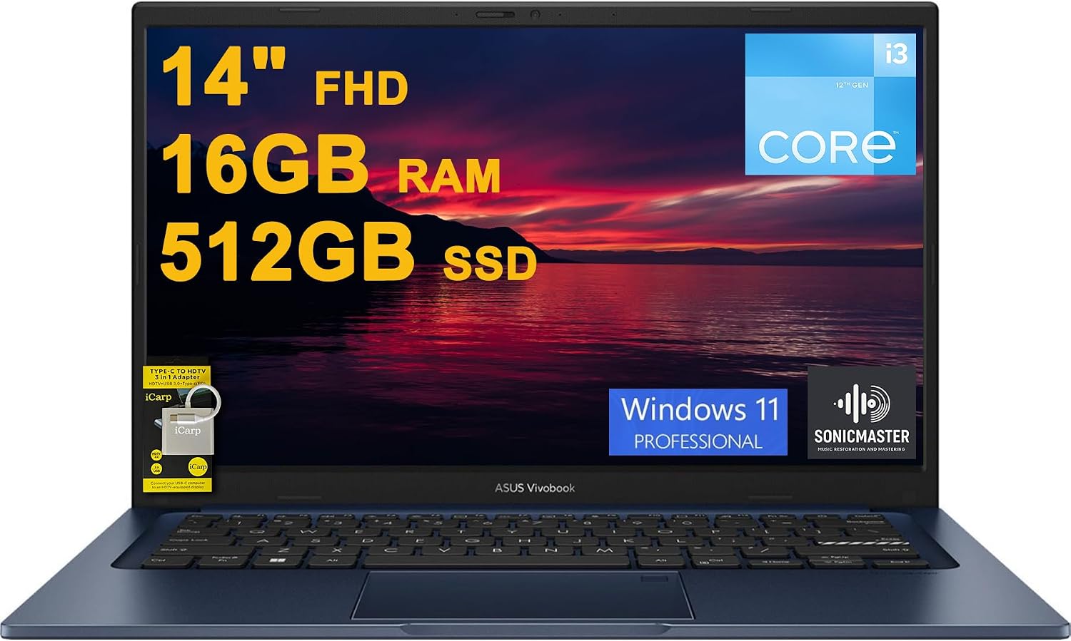 ASUS VivoBook 14 Business Laptop 14' FHD Anti-Glare Intel 6-core i3-1215U 16GB DDR4 512GB SSD Type-C Privacy Camera SonicMaster Fast Charging Win11Pro ICP Hub