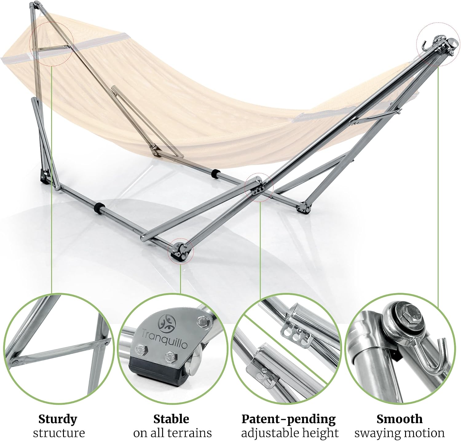 Tranquillo Double Hammock with Stand 650lb Capacity Double Hammock with Spreader Bar, Solid Grade 201 Stainless Steel 30s Set Up, Sturdy Flexible Hammock Stand Portable, Outdoor Indoor, Yellow