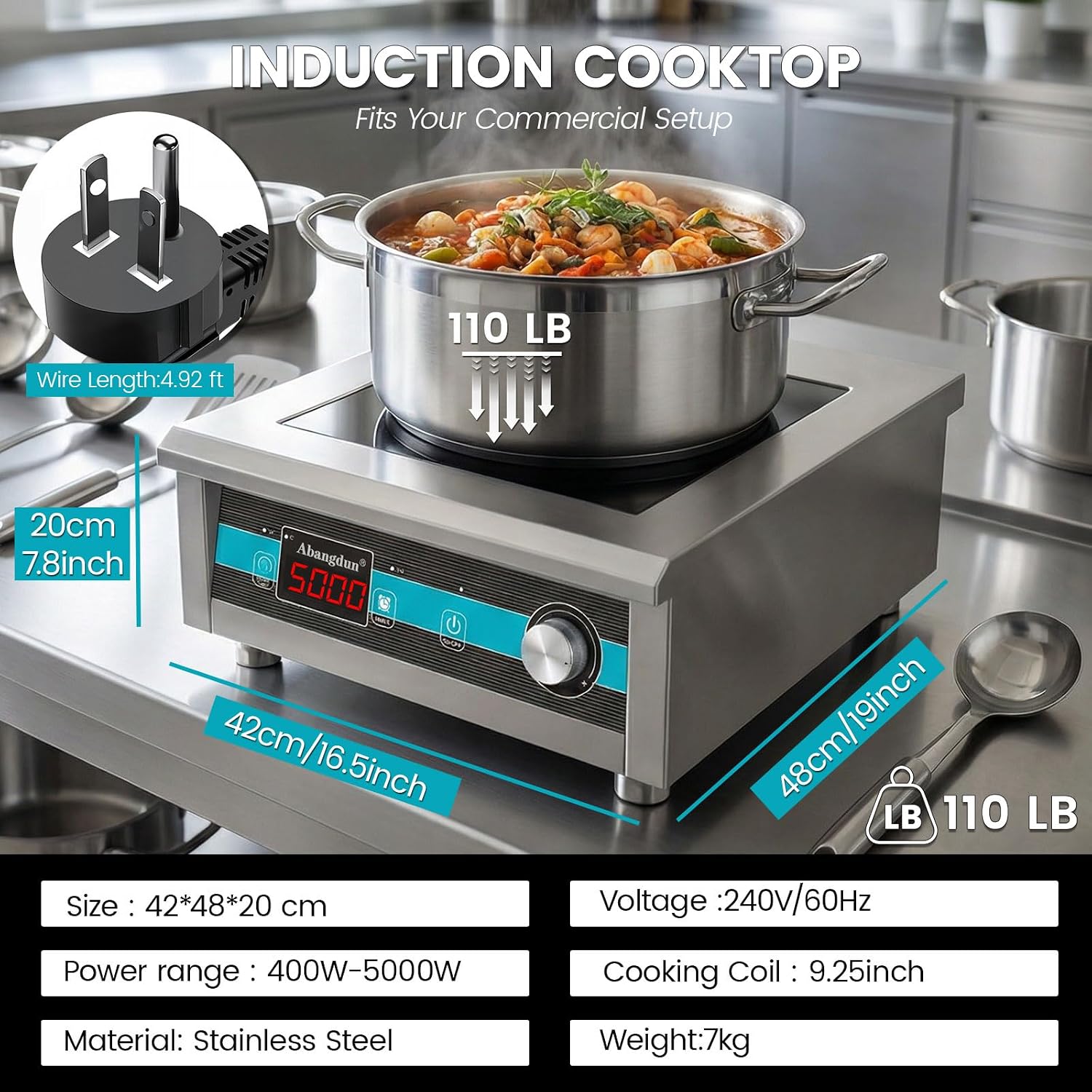 Commercial Induction Cooktop 5000W 190V~275V Electric Stove Commercial Range Countertop Burner with 18 Hour Timer Non Circulating Heating Portable Hot Plate for Restaurant&Hotel&Kitchen Use