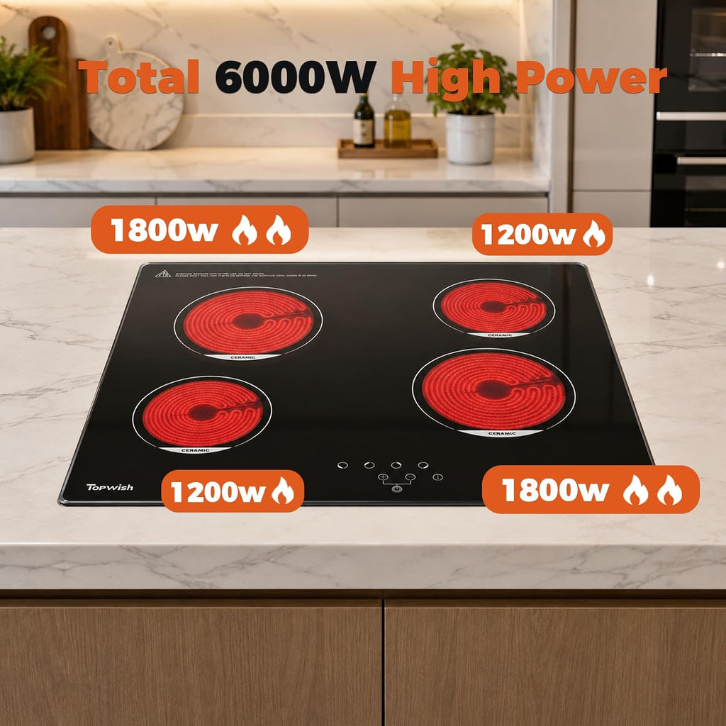 TOPWISH 24 Inch Electric Cooktop, 4 Burners Built-in Electric Stove Top Hot Plate, 6000W Drop-in Ceramic Cooktop Kitchen Stoves with Touch Control, Safety Lock, Timer, 220-240v (Hard Wired No Plug)