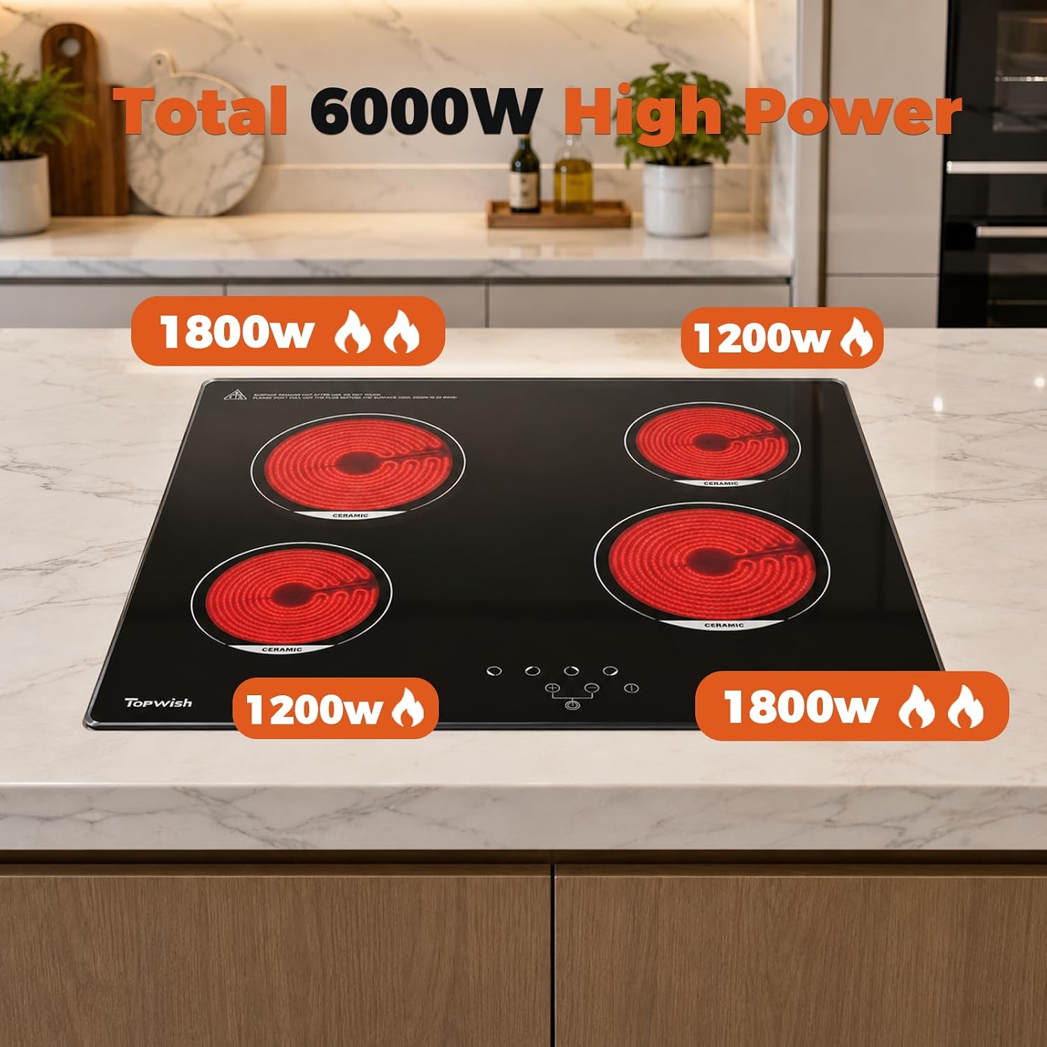 TOPWISH 24 Inch Electric Cooktop, 4 Burners Built-in Electric Stove Top Hot Plate, 6000W Drop-in Ceramic Cooktop Kitchen Stoves with Touch Control, Safety Lock, Timer, 220-240v (Hard Wired No Plug)