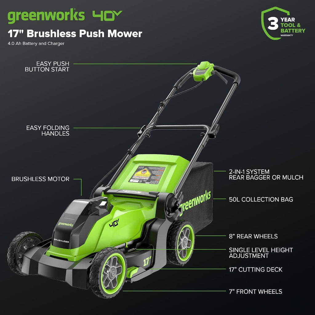 Greenworks 40V 17' Cordless Lawn Mower – Brushless Motor, 4.0Ah Battery & Charger (75+ Compatible Tools), 2-in-1 Mulch/Bag
