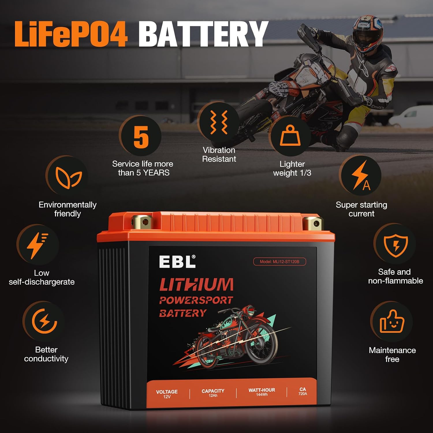 EBL Lithium YTX20L-BS, 360CCA Lithium LiFePO4 Motorcycle Battery, 12V 12Ah ATV, UTV, Jet Ski, 4 Wheeler, Quad, Riding Lawn Mower, Tractor, Scooter, PWC, Seadoo, Polaris and Generator Battery