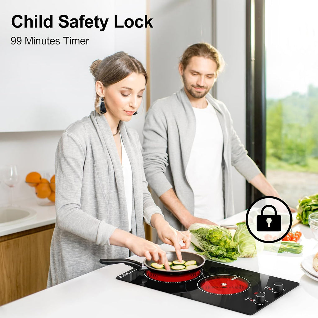 Electric Cooktop, 2 Burner Ceramic Cooktop 2400W 110V, Built-in or Countertop with Touch and Knob Control, 10 Power Levels, Child Lock, Timer, Hot Surface Indicator, Overheat Protection