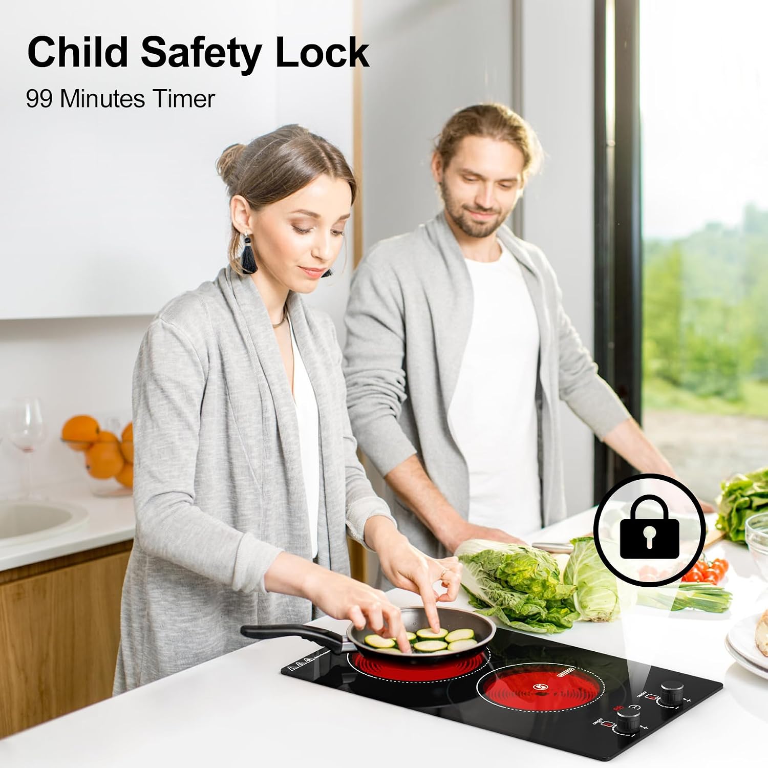 Electric Cooktop, 2 Burner Ceramic Cooktop 2400W 110V, Built-in or Countertop with Touch and Knob Control, 10 Power Levels, Child Lock, Timer, Hot Surface Indicator, Overheat Protection