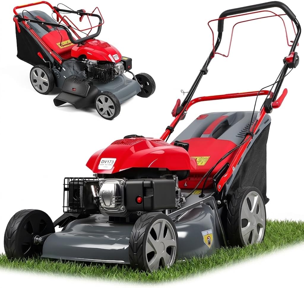 173cc 20' Gas Lawn Mower, Self-Propelled Lawn Mowers with 18' Cutting Width, Adjustable Cutting Height 25-75mm & 60L Grass Catcher, Push Mower for Large Yards and Uneven Ground Red