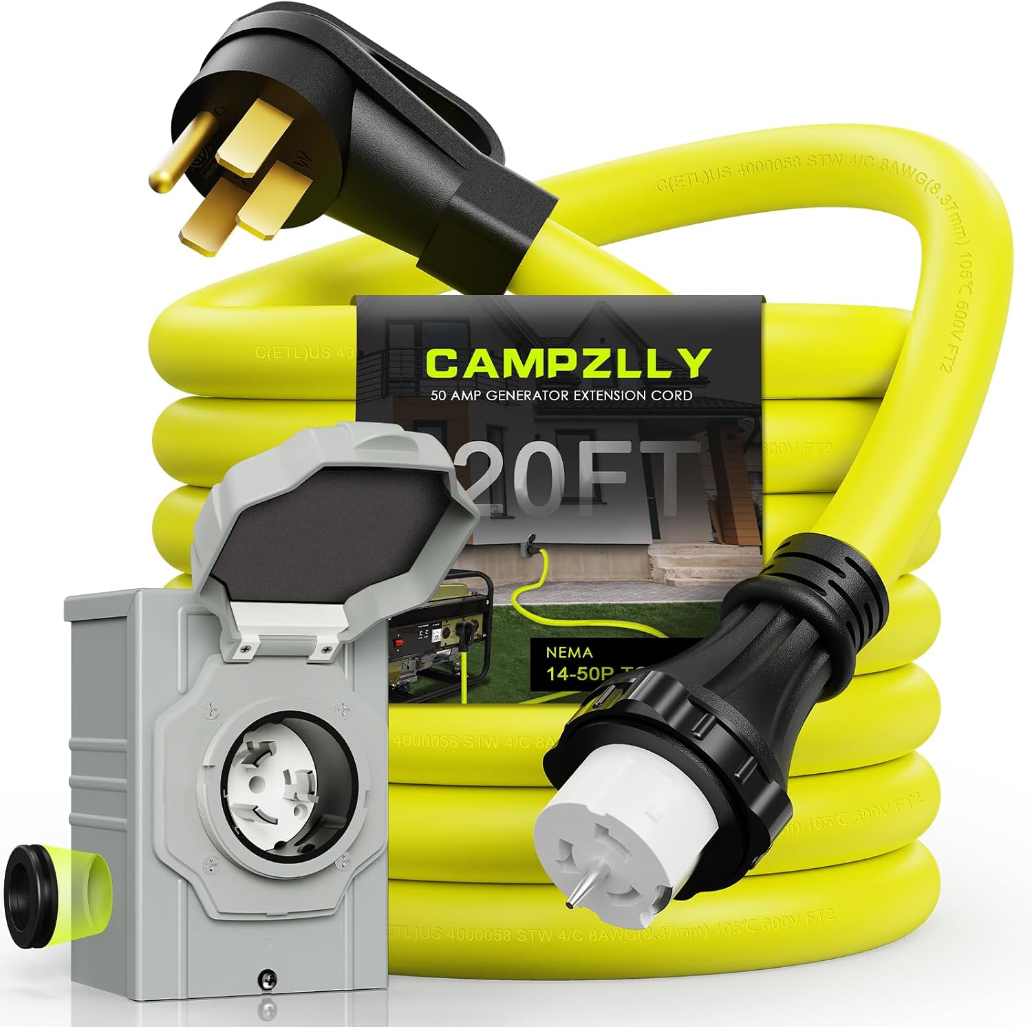 50 Amp Generator Cord 20FT and Power Inlet Box, NEMA 14-50P Male to SS2-50R 125/250V Twist Lock Connector with Pre-Drilled NEMA SS2-50P Generator Inlet Box for Generator to House, ETL Listed