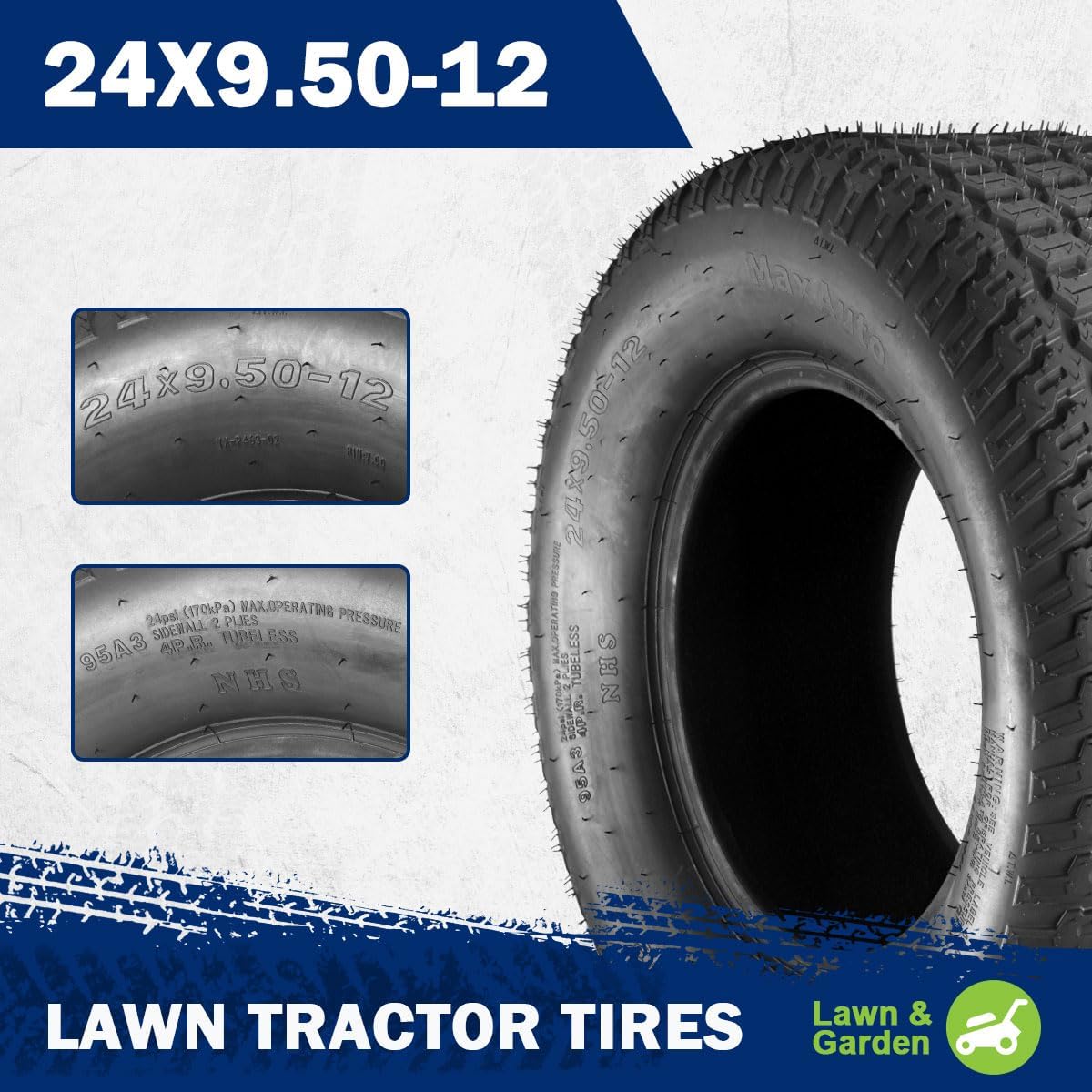 MaxAuto 2Pcs 24X9.50-12 Lawn Mower Tires 24x9.5x12 Riding Tractor Turf Tire 4PR Load Range B