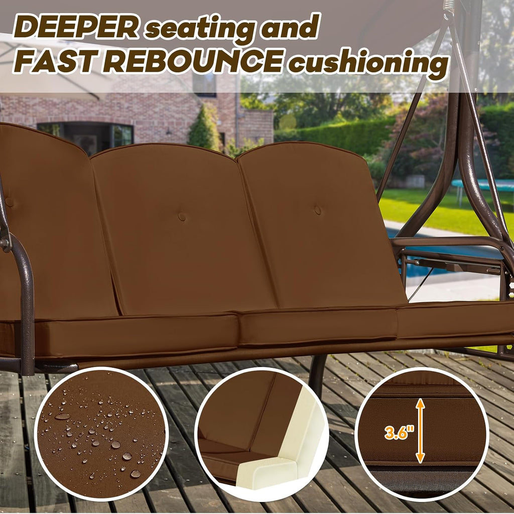 3 in 1 Outdoor Porch Swing with Adjustable Canopy, 3 Seat Outdoor Swing for Adults, Patio Swing Chair with Thickened Cushions,Pillows & Cup Holders for Backyard, Porch, Garden (Brown)