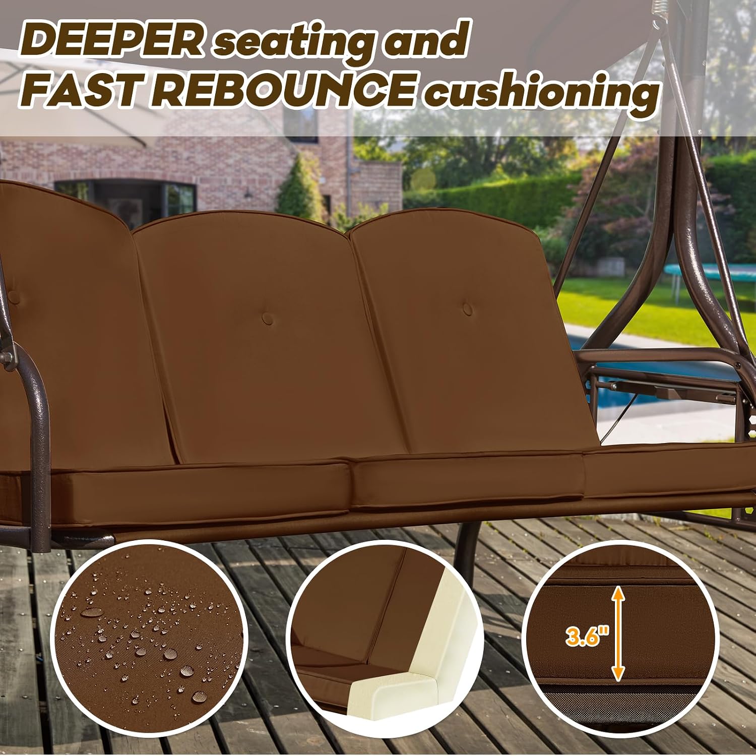 3 in 1 Outdoor Porch Swing with Adjustable Canopy, 3 Seat Outdoor Swing for Adults, Patio Swing Chair with Thickened Cushions,Pillows & Cup Holders for Backyard, Porch, Garden (Brown)
