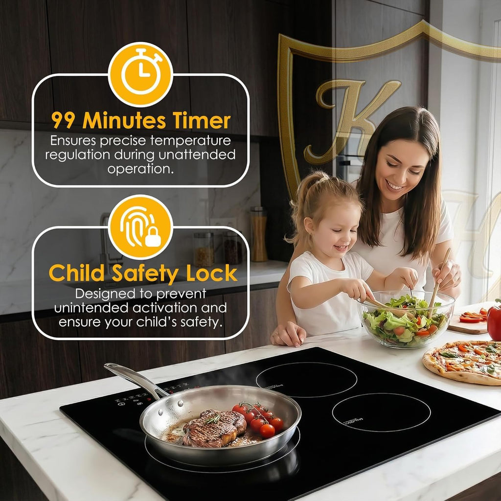 K&H 3 Burner Induction Cooktop - 24 Inch Built-In Electric Cermic Stove Top - 9 Heating Levels, 240V, 6000W High-Power Built-in Electric Stove Top - Child Lock, Timer & Touch Control - IN24-6803TB