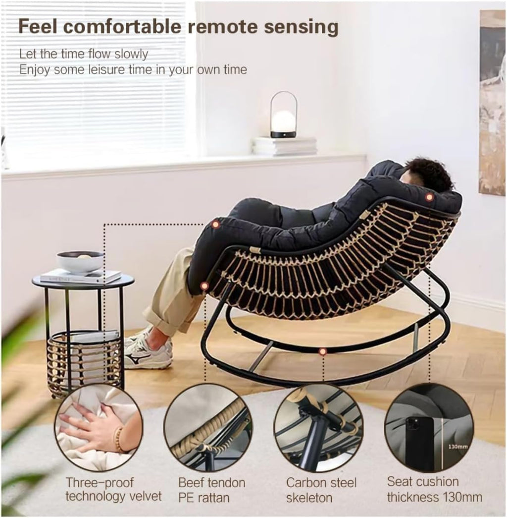 Oversized Egg Rocking Chair with Cushion, Patio Wicker Hanging Egg Chair with Padded Seat,Modern Rattan Rocker for Porch, Garden, Living Room, Bedroom(Green)