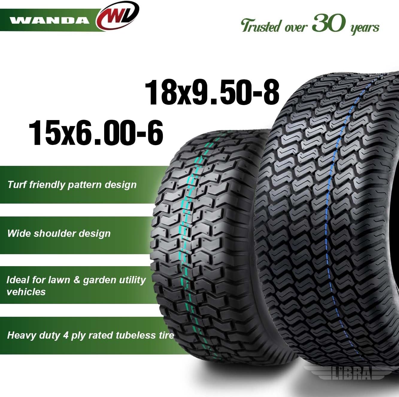 WANDA Set 4 Lawn Mower Turf Tires 15x6-6 Front & 18x9.5-8 Rear /4PR -13016/13032