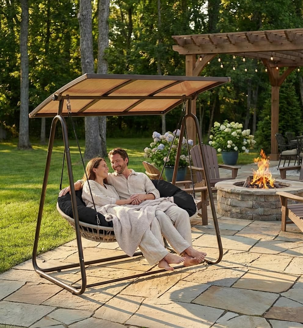 2-Seat Outdoor Patio Porch Swing with Polycarbonate (PC) Canopy, All-Weather Outdoor Swing Chair with 4.7' Thick Cushion and Hand-Woven Rope, Heavy Duty Steel Frame for Patio, Garden, Black