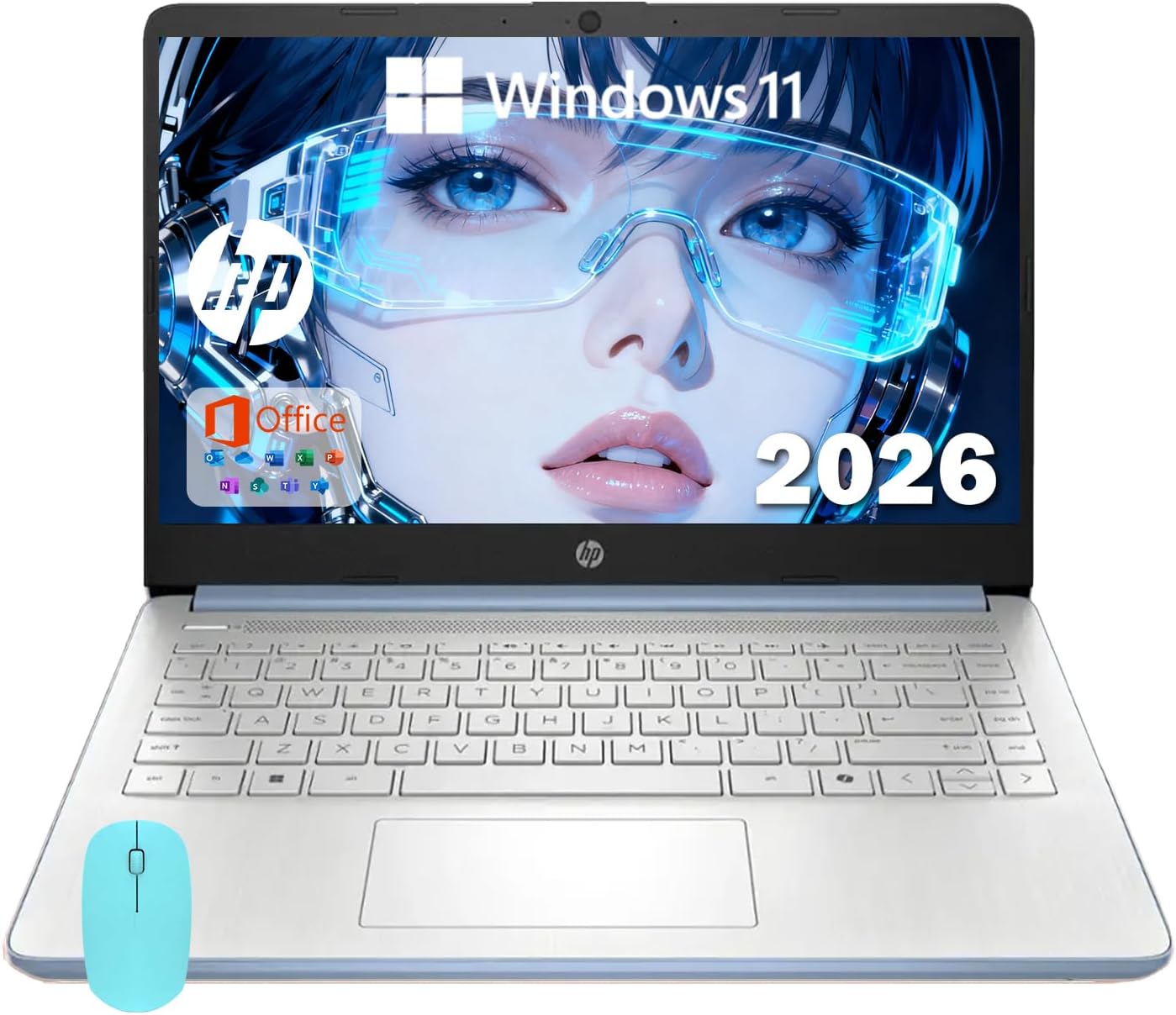 HP 14 Elite Laptop, 8GB RAM, 1.12TB Total Storage (128GB UFS+1TB Cloud), Sky Blue, Office 365, Intel 4-Core, Win11, Copilot AI, 11Hr Battery, Alpacatec Mouse