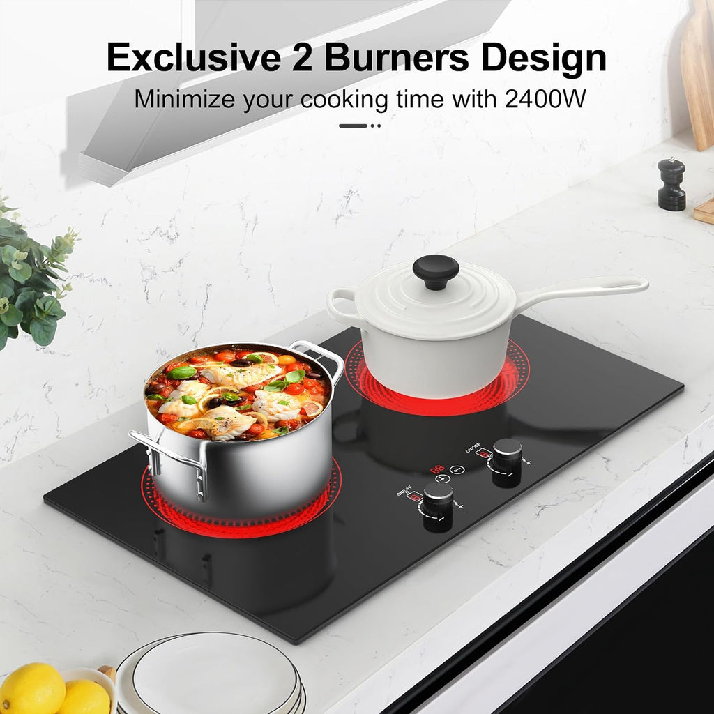 2 Burner Ceramic Cooktop, 2400W 110V Built-in or Countertop Electric Cooktop with Touch Screen & Knob Control, 10 Heat Settings, Child Lock, Timer, Overheat Protection.