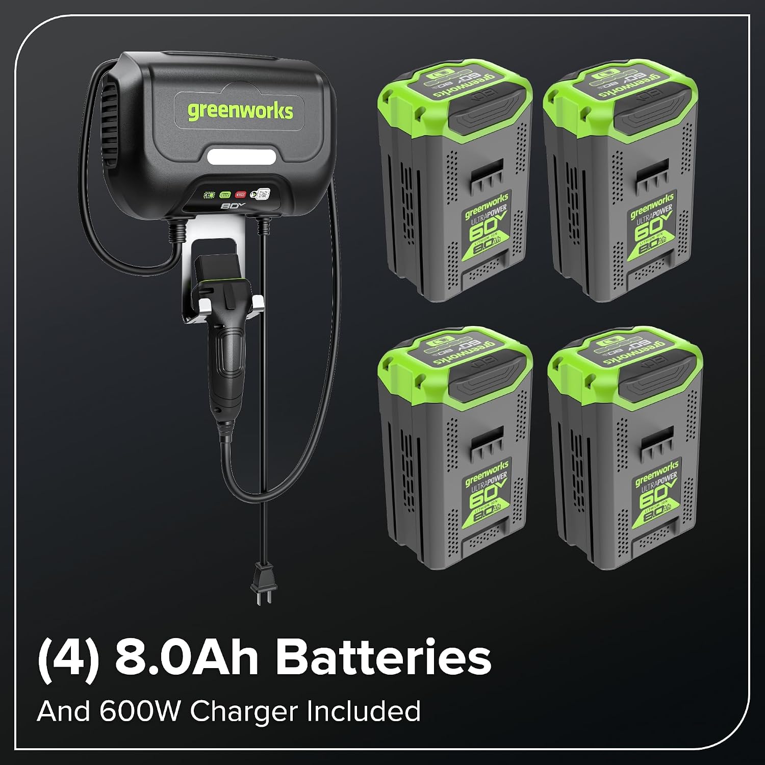 Greenworks 60V 42' CrossoverT Cordless Riding Lawn Tractor, (4) 8.0Ah Batteries and (600W) Plug in Charger