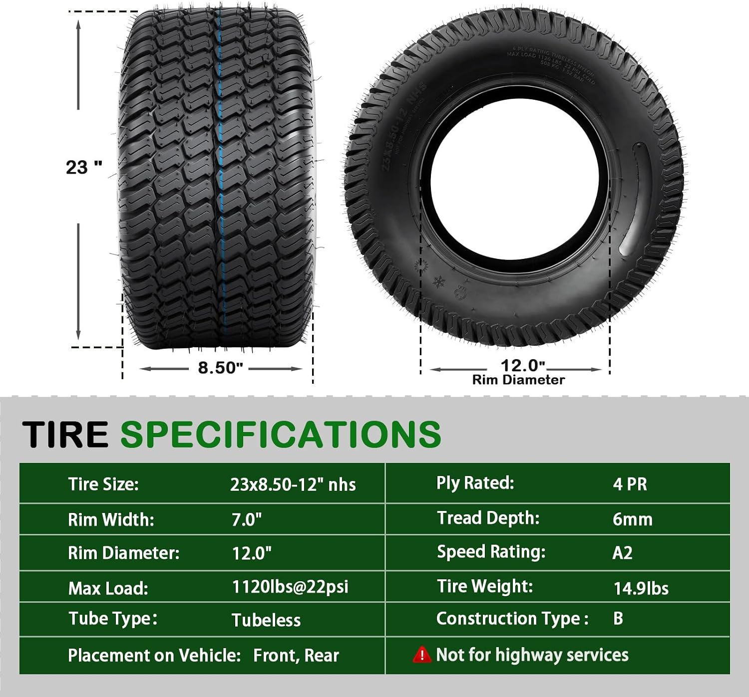 TRIPOWER 23x8.50-12 Lawn Mower Tire: 23x8.50x12 Tire for Riding Mower and Garden Tractor, 4PR Tubeless, 1120lbs Capacity, 2 Pack