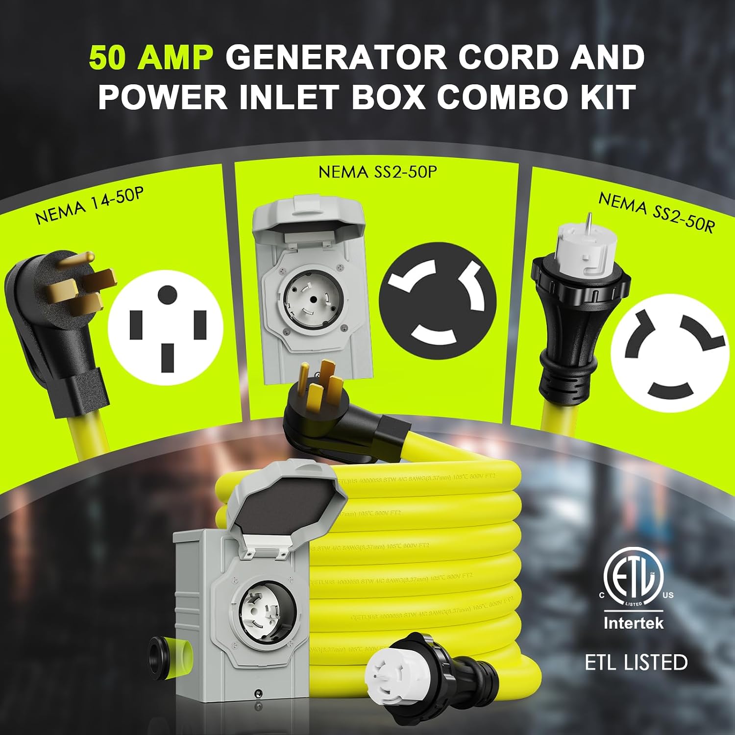50 Amp Generator Cord 50FT and Power Inlet Box, NEMA 14-50P Male to SS2-50R 125/250V Twist Lock Connector with Pre-Drilled NEMA SS2-50P Generator Inlet Box for Generator to House, ETL Listed