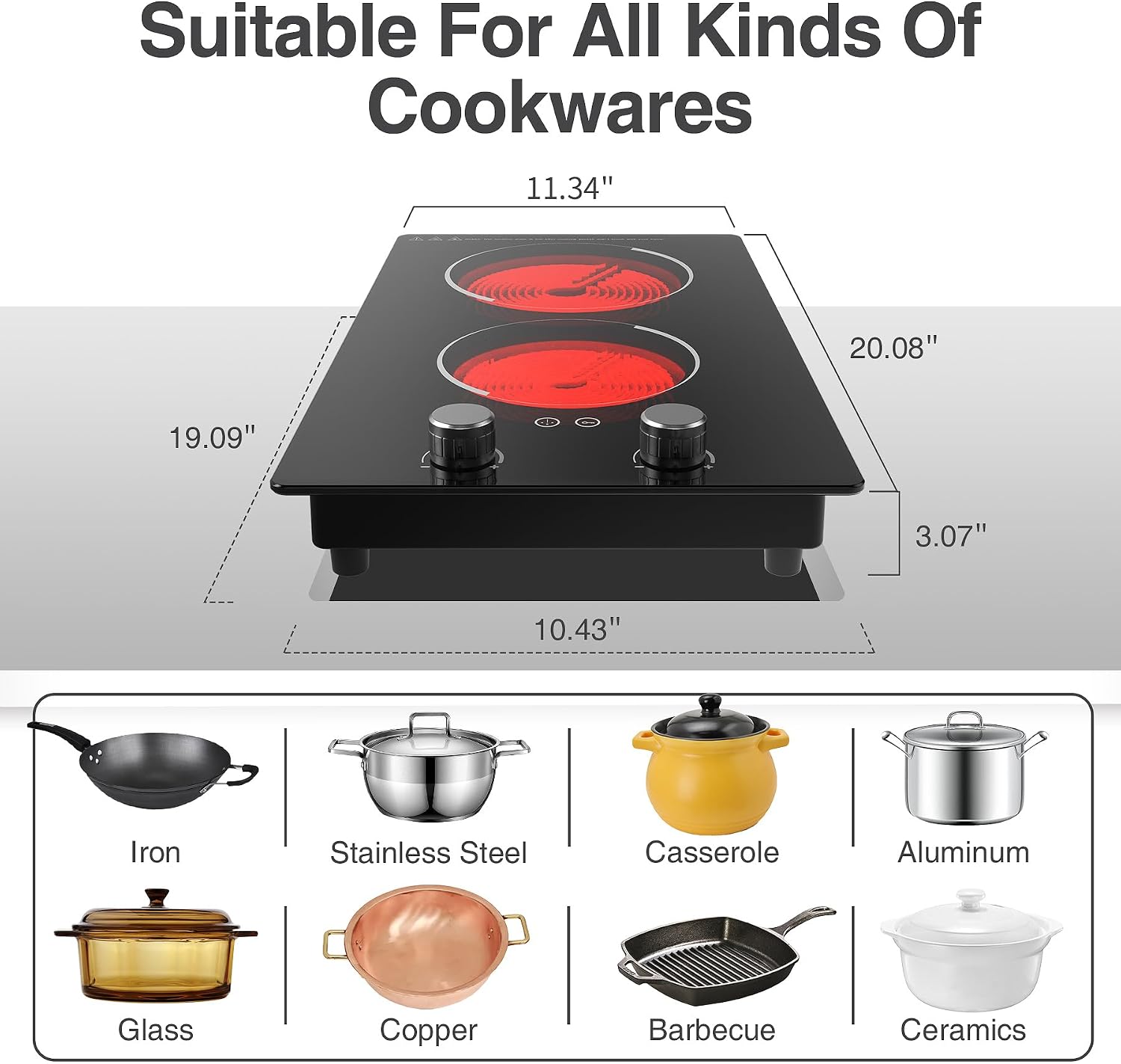 GIHETKUT Electric Cooktop,110V 2100W Electric Stove Top with Knob Control, 10 Power Levels, Kids Lock & Timer, Hot Surface Indicator, Overheat Protection,Built-in Radiant Double induction cooktop