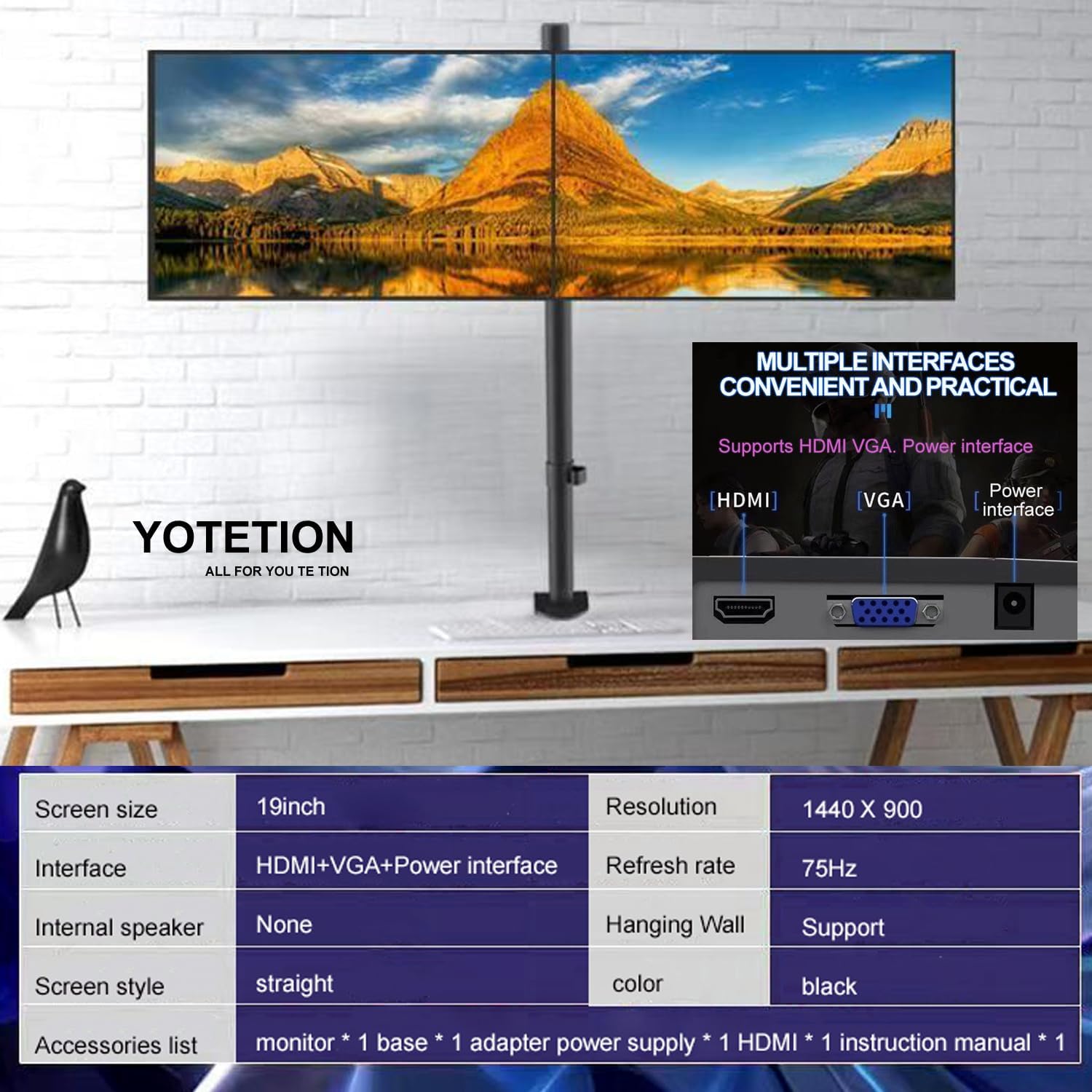 19 inch HD (1440x 900) Monitor,2Packs 60Hz Refresh Rate, HDMI x1, Small Thin Monitor for laptops, Computers and desktops,LED Display, VGA/HDMI Connection.
