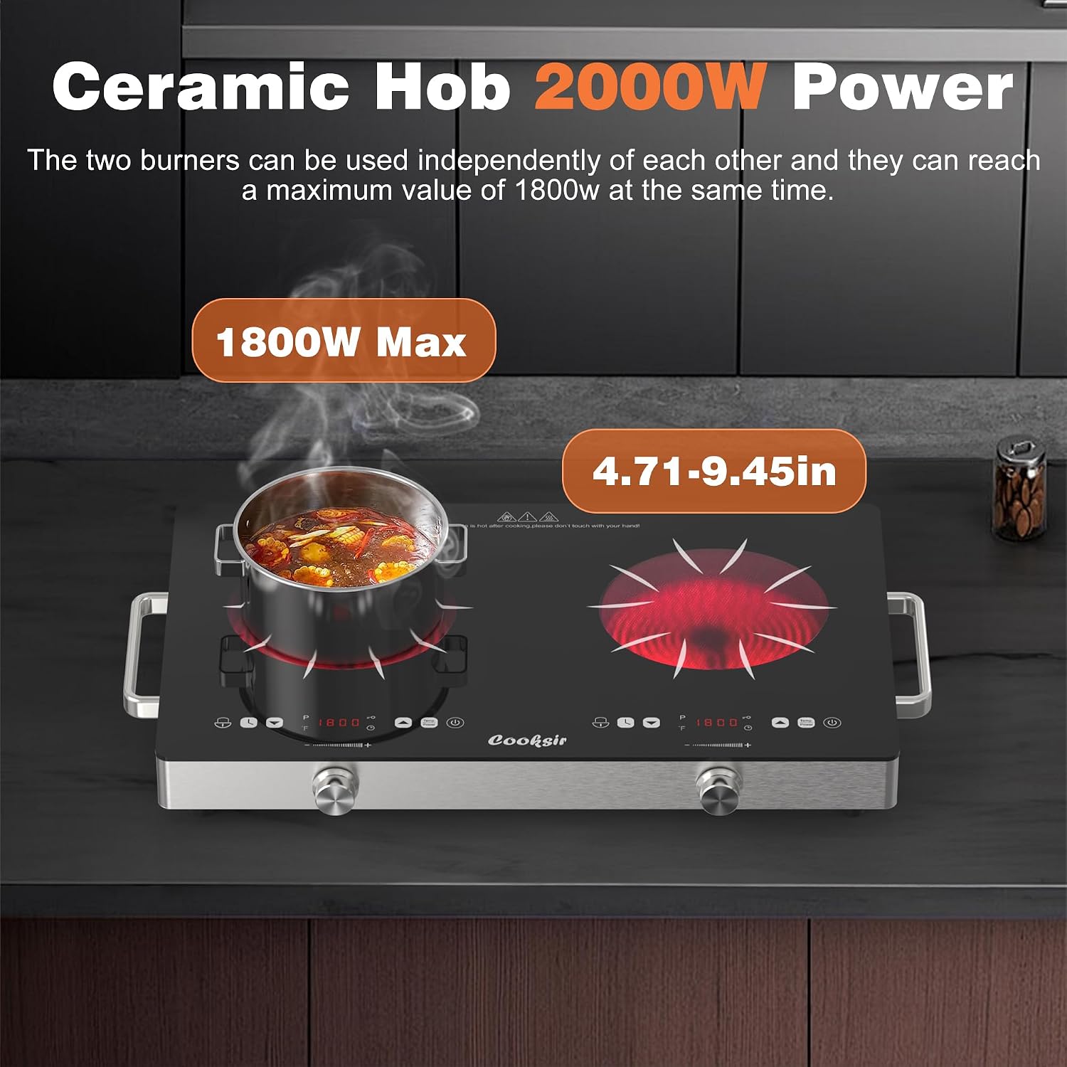 2 Burner Electric Cooktop - 24 Inch(22.2'x 13.1') Portable Electric Stove Top 110V, 2000W Countertop Two Burner Stove, Child Lock, Timer, Touch and Knob Control, 110V Plug in