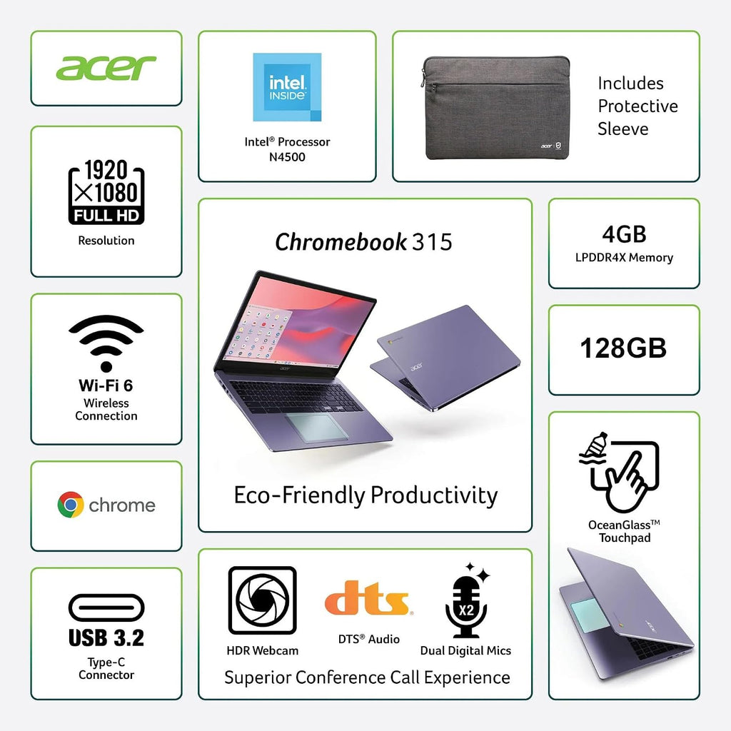 acer Chromebook 315 (15.6' FHD, Intel Celeron N4500, 4GB RAM, 128GB Storage (64GB eMMC + 64GB SD Card) Home & Student Laptop, 10-Hr Long Battery Life, IST Hub, Wi-Fi 6, Webcam, Chrome OS, Purple