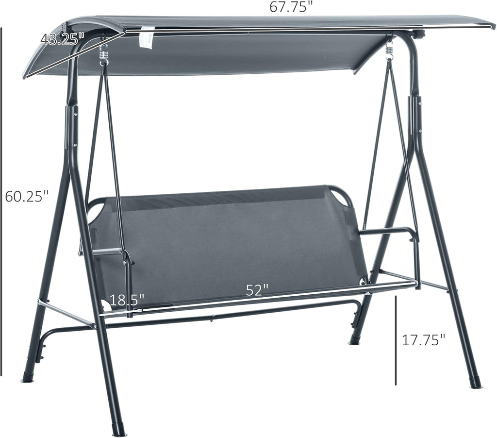 Outsunny 3-Person Porch Swing with Stand, Outdoor Swing for Patio Porch with Adjustable Tilt Canopy and Comfortable Swing Bench-Style Seat, Steel Frame, Gray